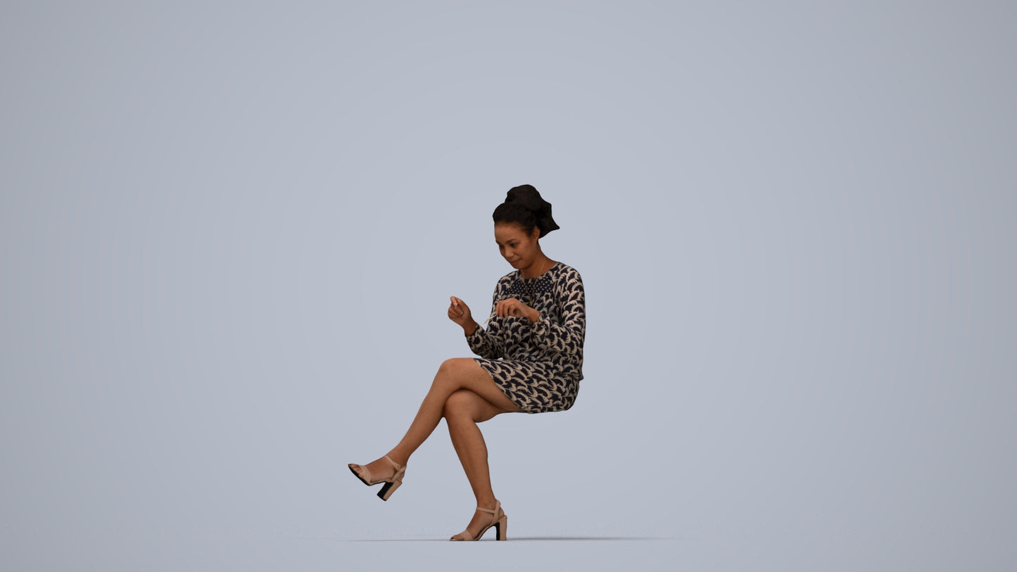 realistic 3D people woman casual sitting, render-ready for V-Ray and Corona, FBX OBJ, top-down view render