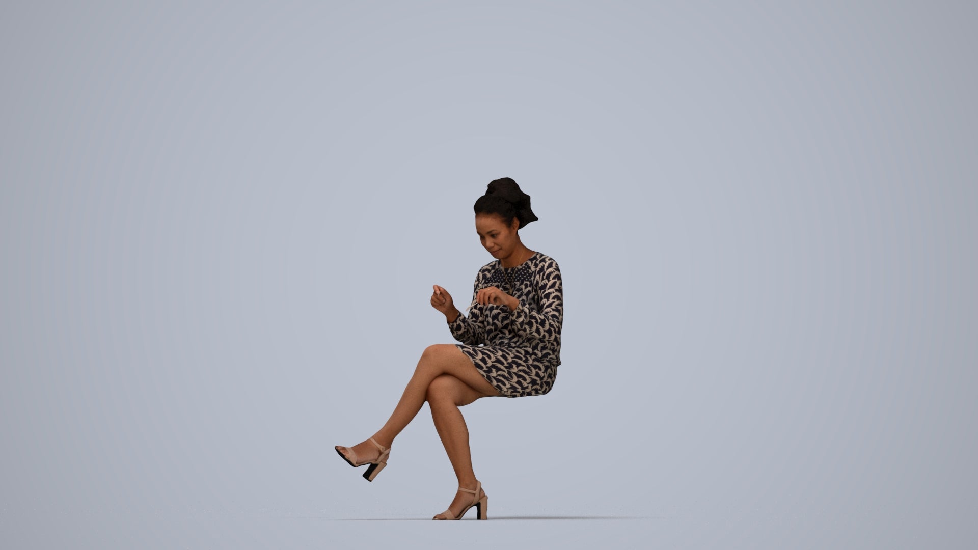 realistic 3D people woman casual sitting, render-ready for V-Ray and Corona, FBX OBJ, top-down view render