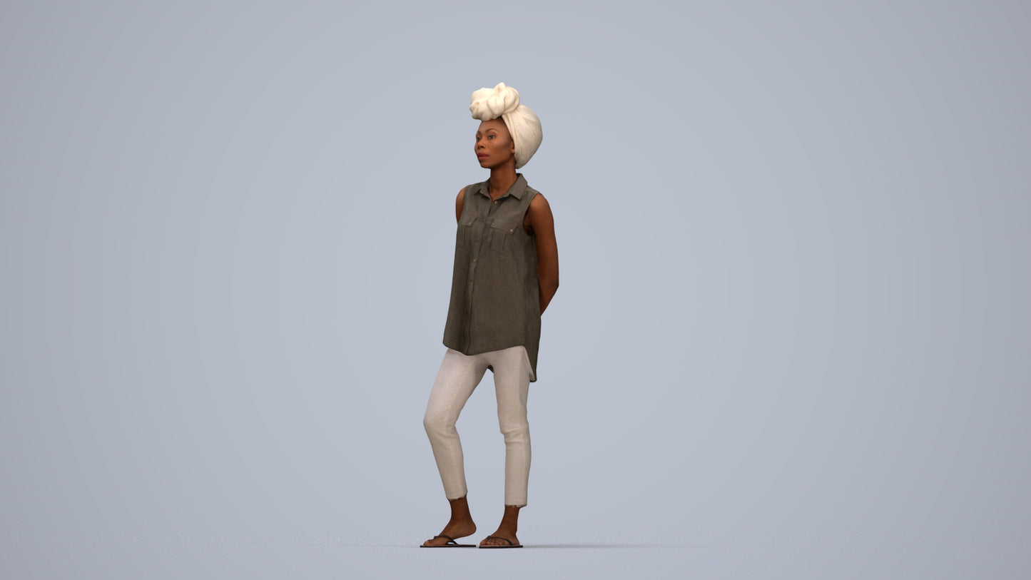 3D human model woman casual standing, photogrammetry scanned person for archviz, top-down view render
