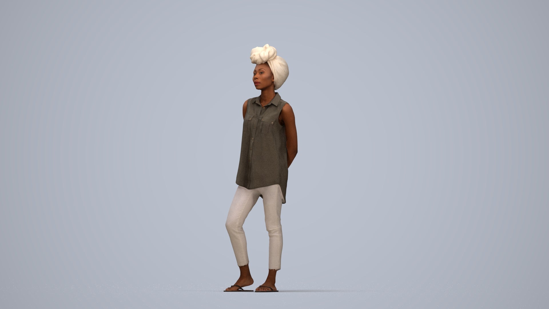 3D human model woman casual standing, photogrammetry scanned person for archviz, top-down view render