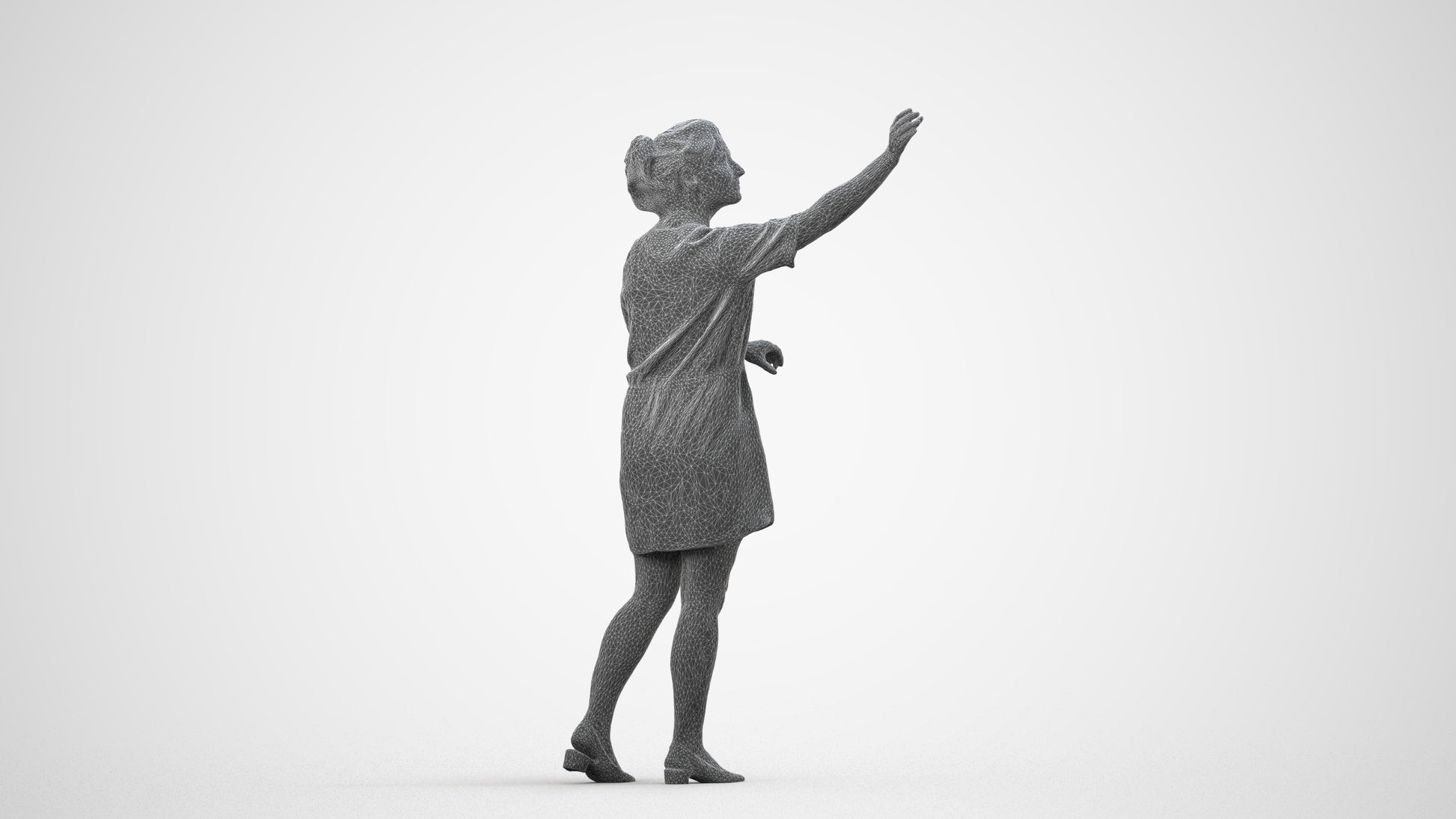 realistic 3D woman casual standing, scanned archviz people for Blender and 3ds Max, wireframe side view