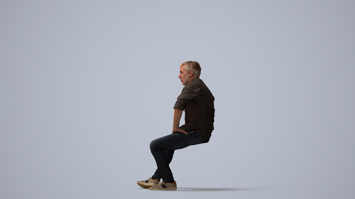 scanned 3D man casual sitting, photogrammetry people for Enscape and V-Ray, three-quarter view render