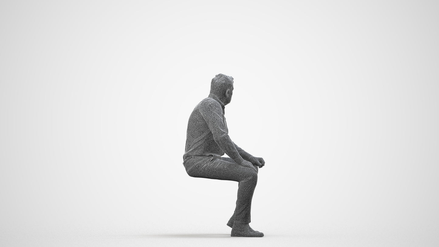 3D scanned man sitting casual, photorealistic archviz people for Enscape and SketchUp, wireframe side view
