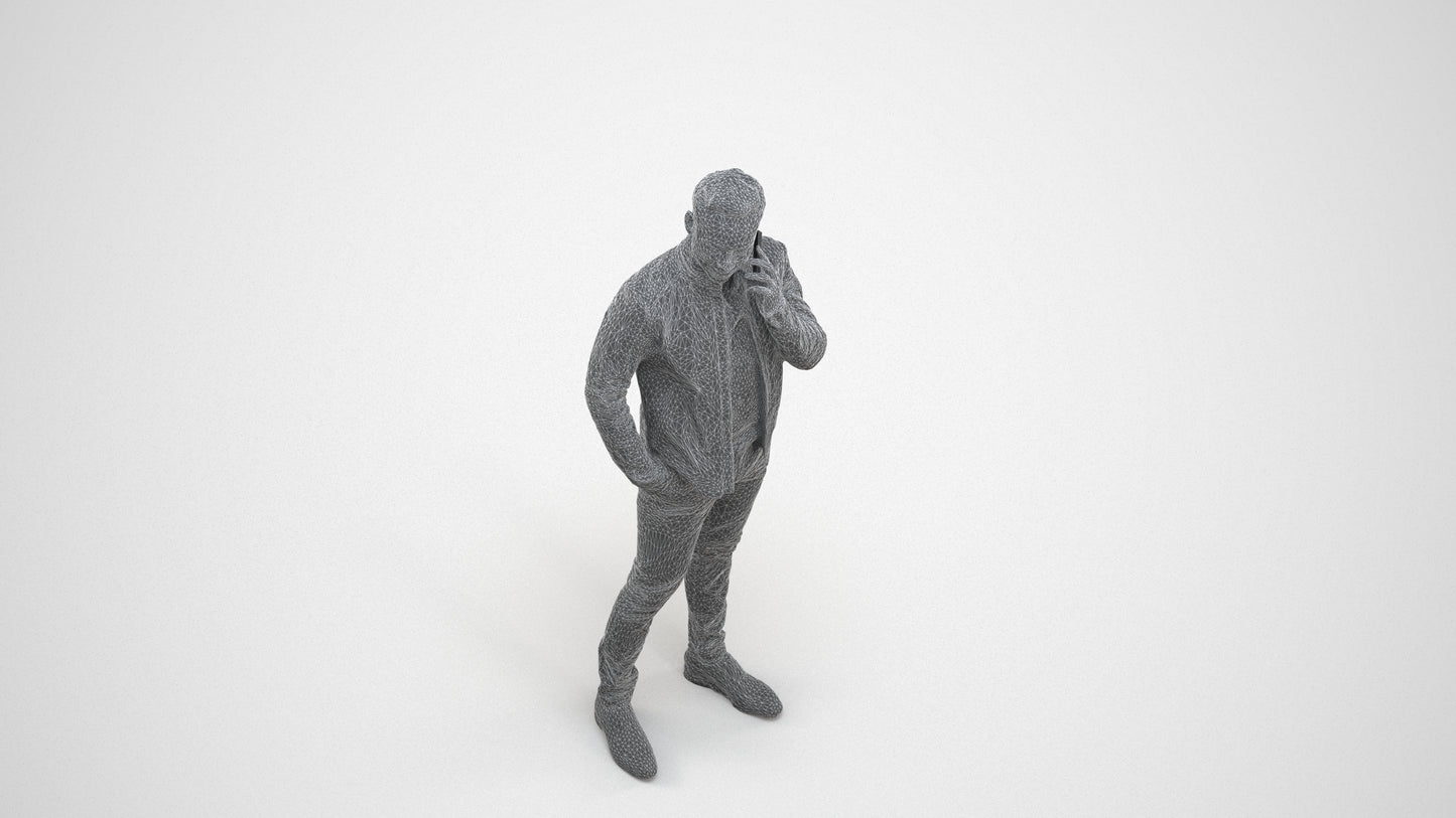 photogrammetry 3D man business standing, realistic human model archviz FBX, wireframe three-quarter view