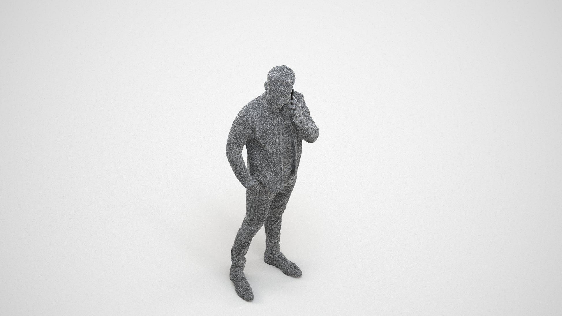 photogrammetry 3D man business standing, realistic human model archviz FBX, wireframe three-quarter view
