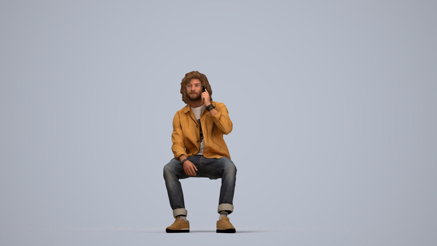 3D human model man casual sitting, photogrammetry scanned person for archviz, top-down view render