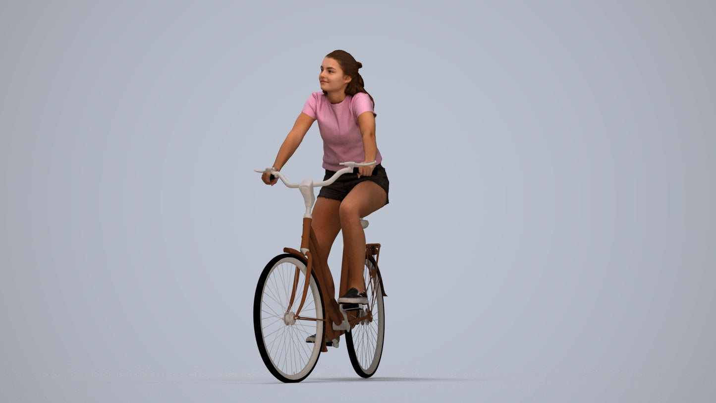 realistic 3D human girl casual cycling, archviz people FBX OBJ for Blender, top-down view render