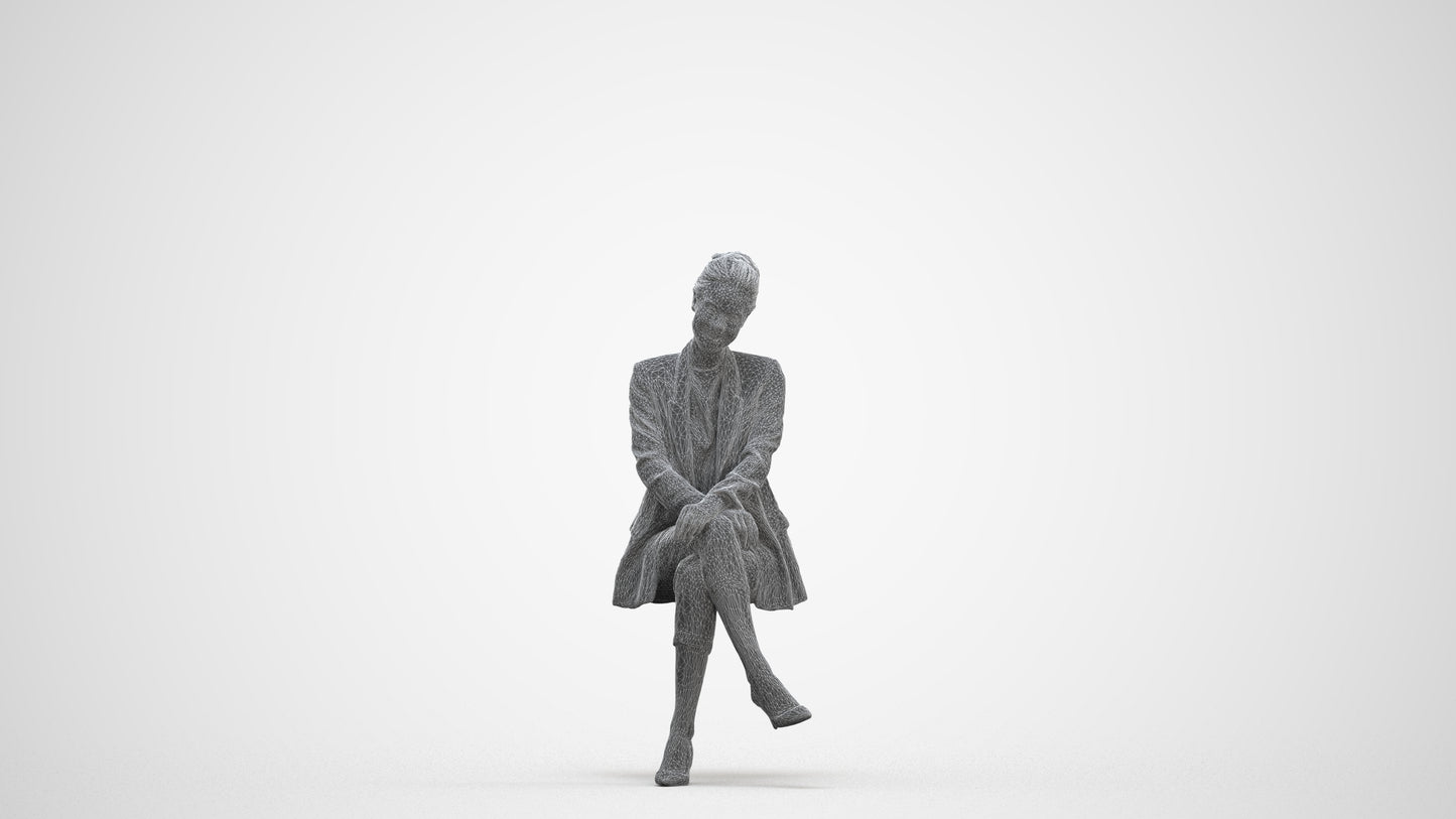3D human model woman business sitting, photogrammetry scanned person for archviz, three-quarter front view render