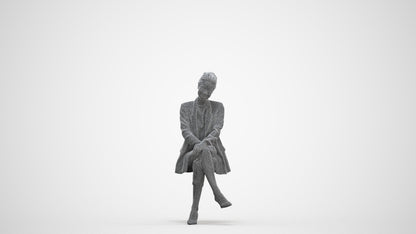 3D human model woman business sitting, photogrammetry scanned person for archviz, three-quarter front view render