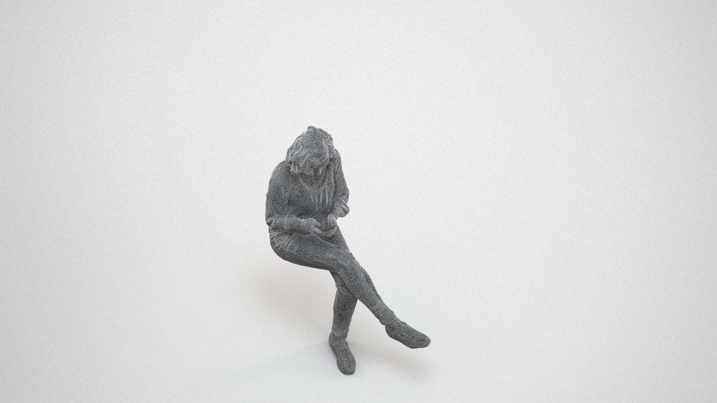 3D human model woman casual sitting, photogrammetry scanned person for archviz, wireframe three-quarter view