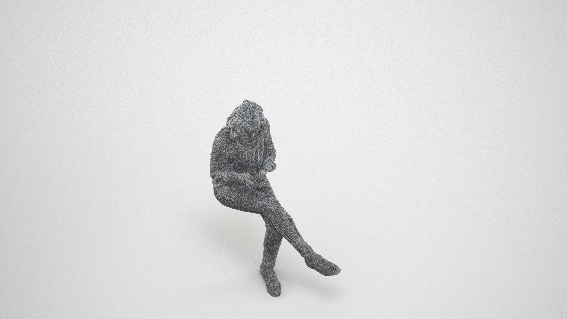 3D human model woman casual sitting, photogrammetry scanned person for archviz, wireframe three-quarter view