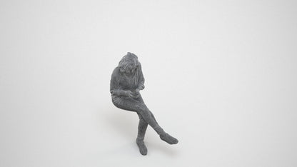 3D human model woman casual sitting, photogrammetry scanned person for archviz, wireframe three-quarter view