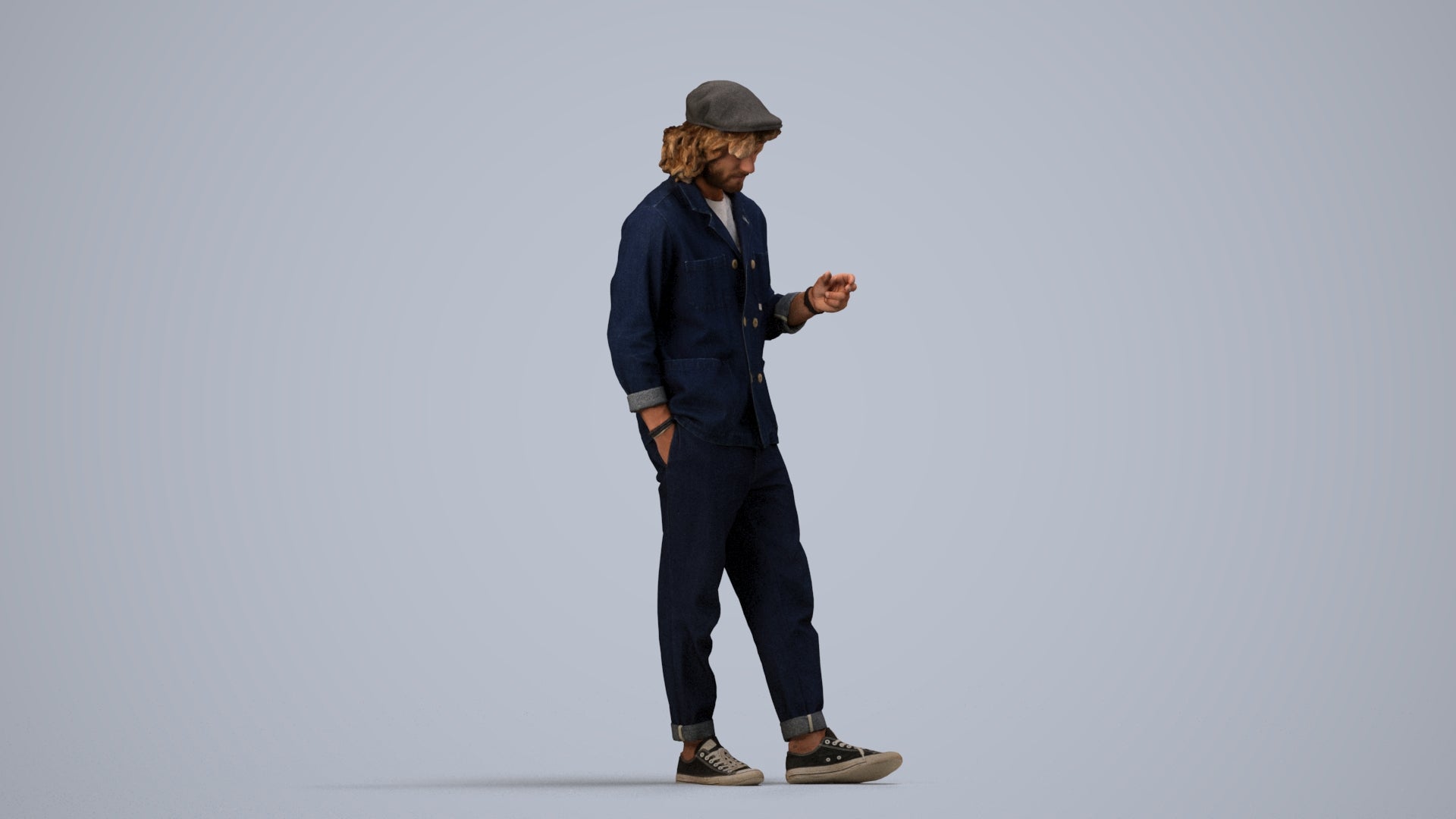 realistic 3D human man casual standing, archviz people FBX OBJ for Blender, side view render