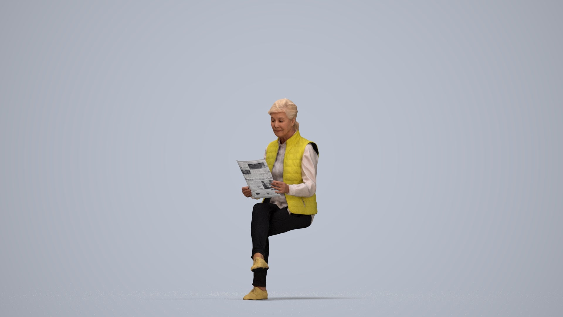 realistic 3D human senior woman casual sitting, archviz people FBX OBJ for Blender, top-down view render