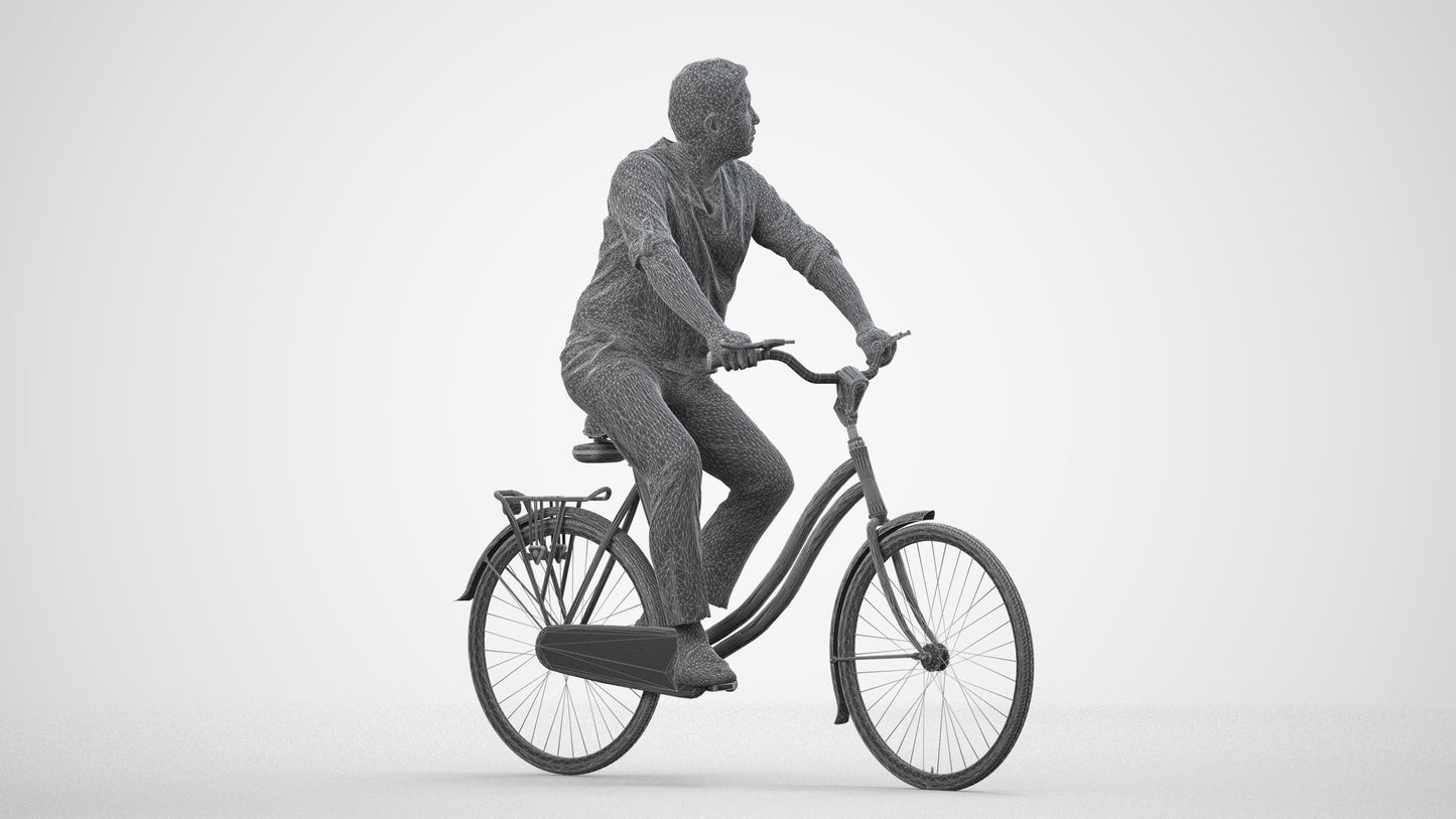 3D scanned man cycling casual, photorealistic archviz people for Enscape and SketchUp, wireframe side view