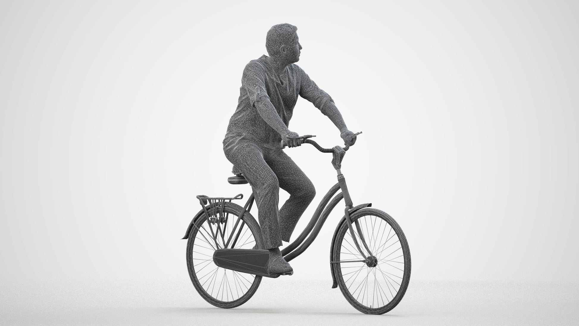 3D scanned man cycling casual, photorealistic archviz people for Enscape and SketchUp, wireframe side view