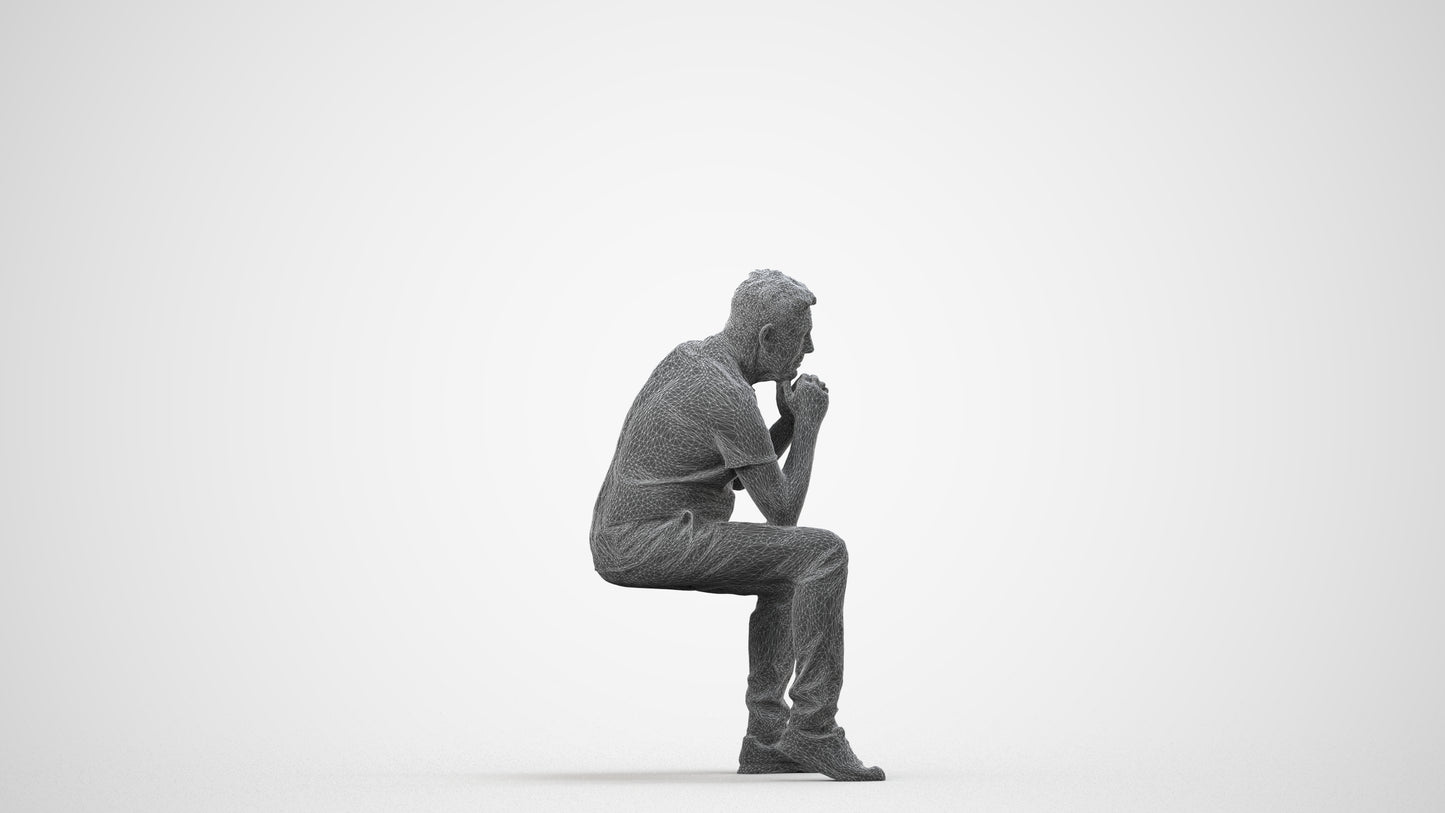 realistic 3D senior man casual sitting, scanned archviz people for Blender and 3ds Max, wireframe side view