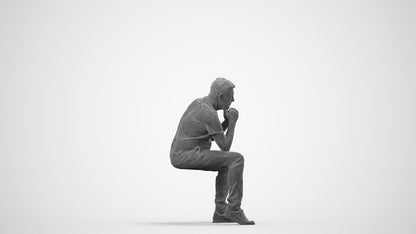 realistic 3D senior man casual sitting, scanned archviz people for Blender and 3ds Max, wireframe side view