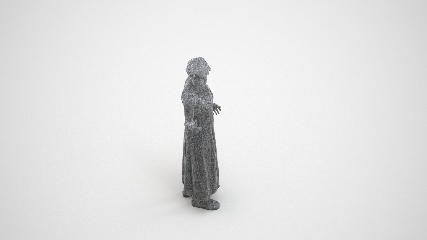 realistic 3D senior woman standing, scanned archviz people for Blender and 3ds Max, wireframe three-quarter view