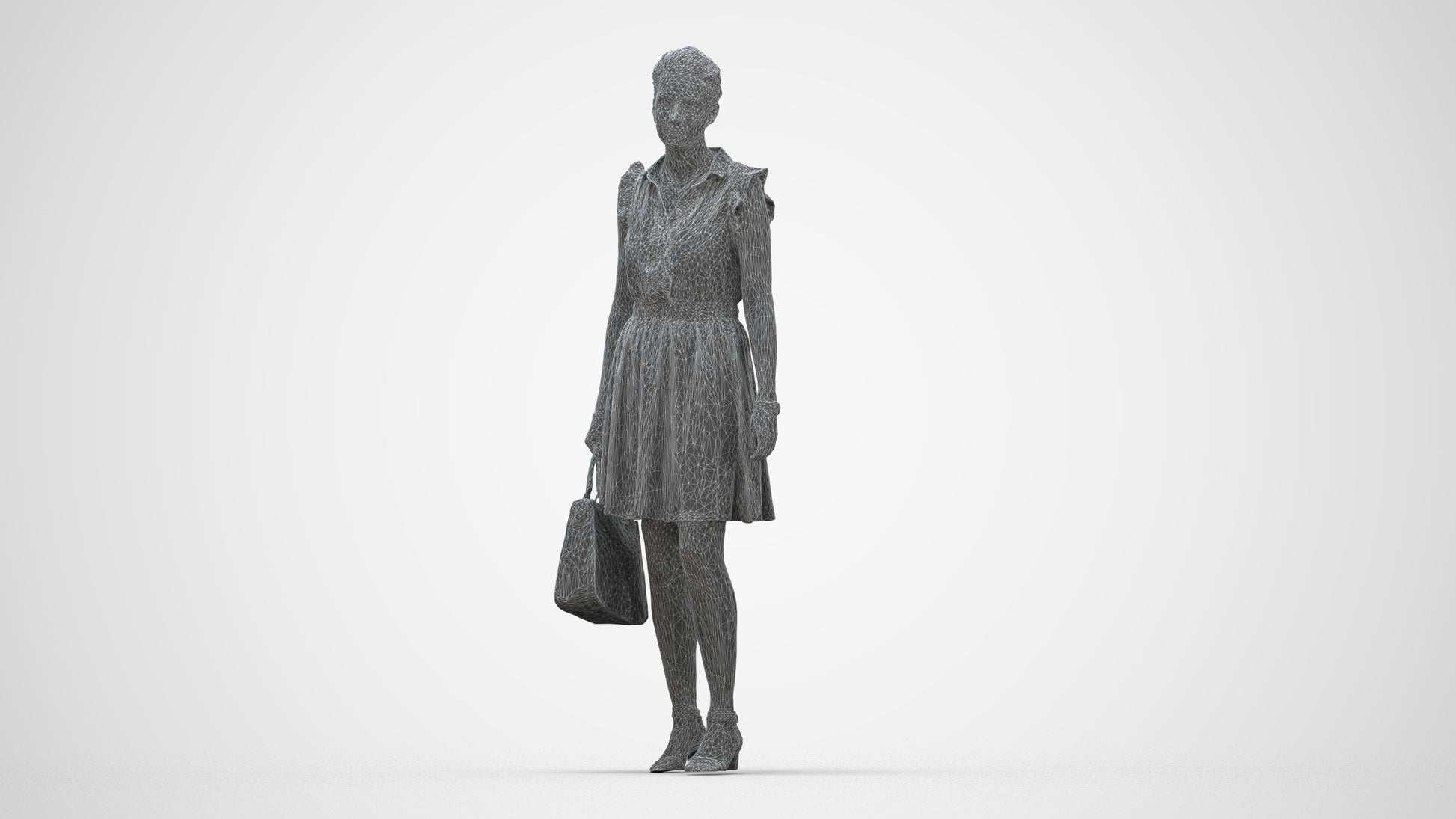 realistic 3D woman casual walking, scanned archviz people for Blender and 3ds Max, wireframe back view