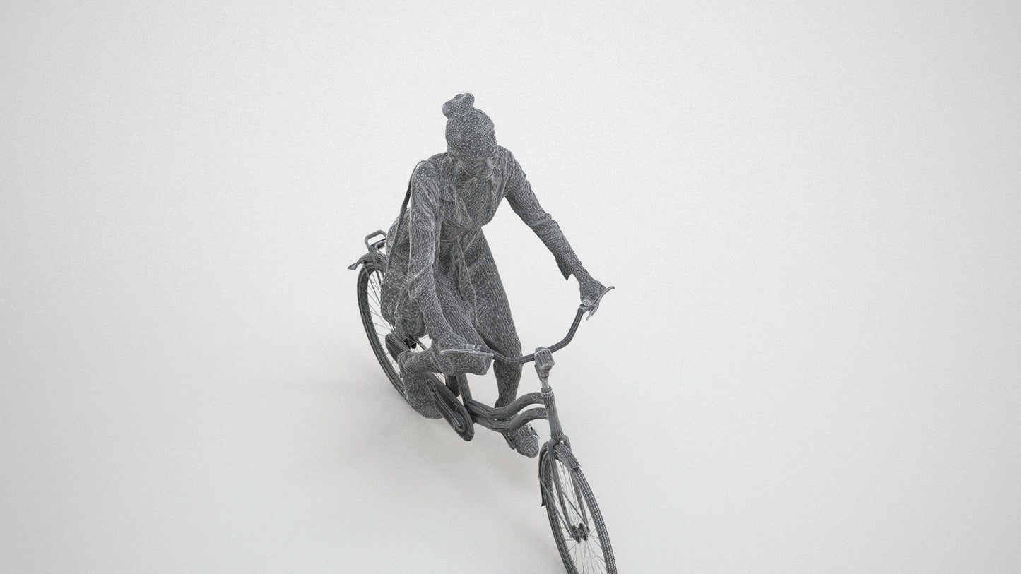 realistic 3D woman casual cycling, scanned archviz people for Blender and 3ds Max, wireframe three-quarter view