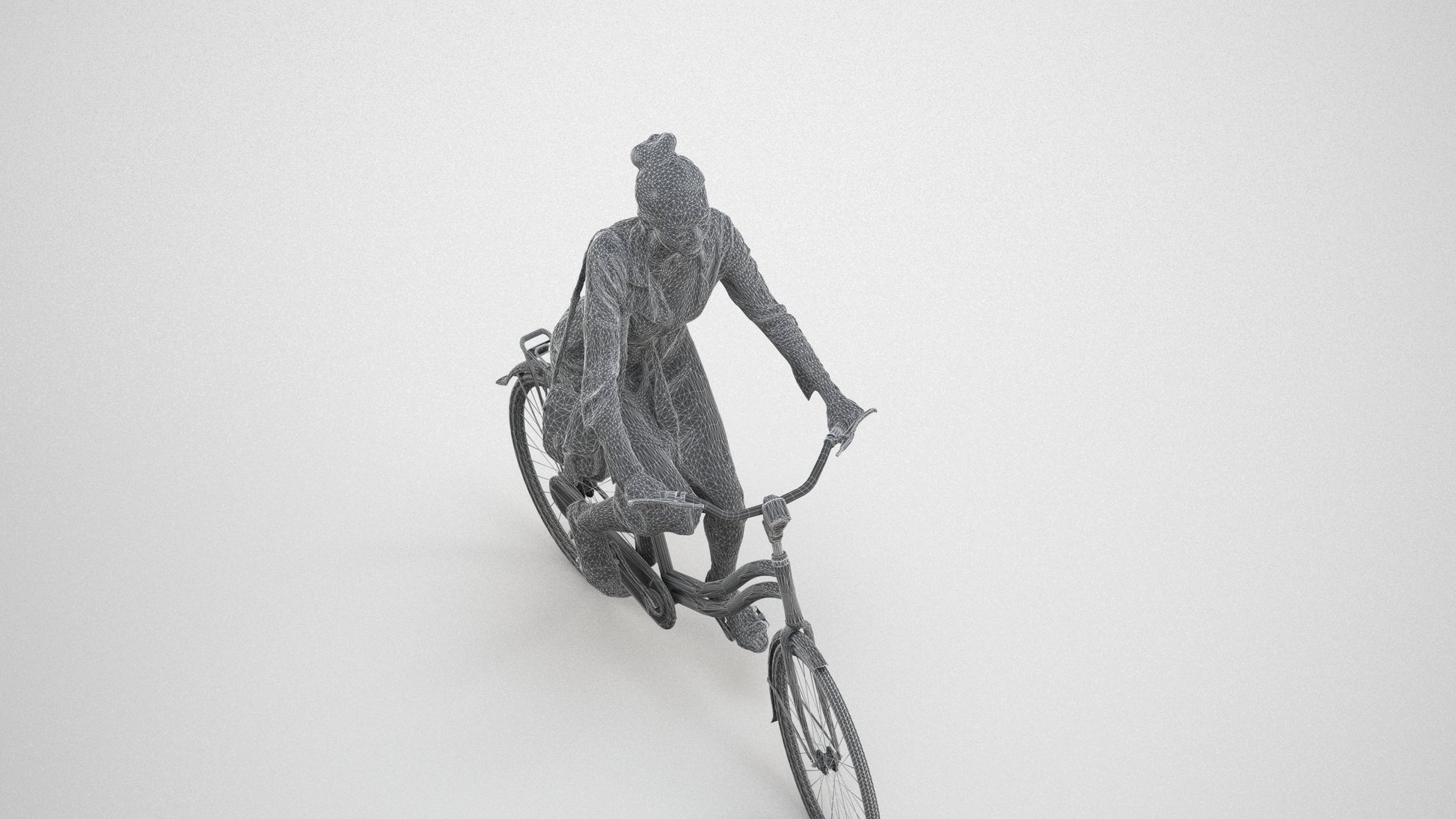 realistic 3D woman casual cycling, scanned archviz people for Blender and 3ds Max, wireframe three-quarter view