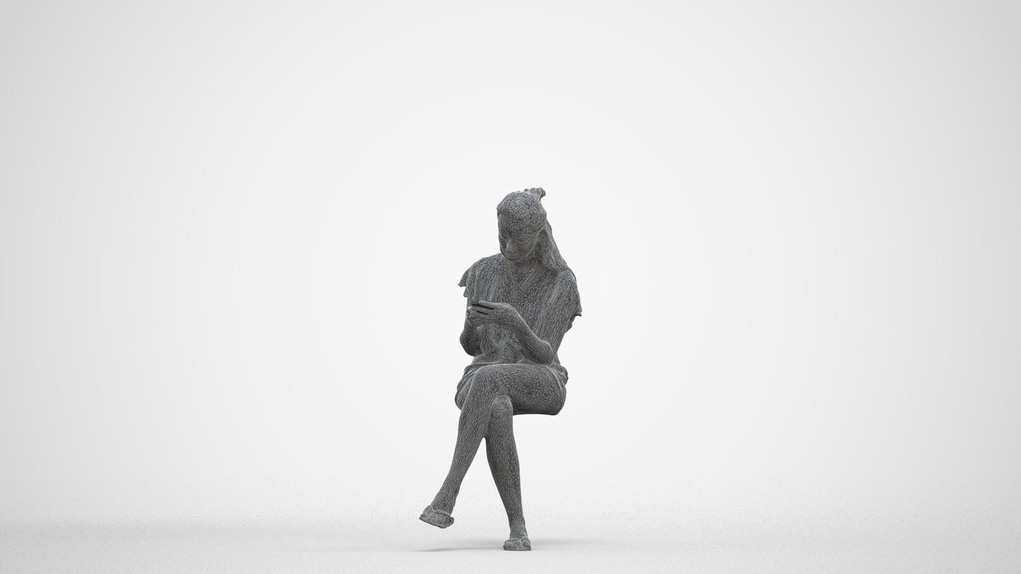 3D human model woman casual sitting, photogrammetry scanned person for archviz, three-quarter front view render