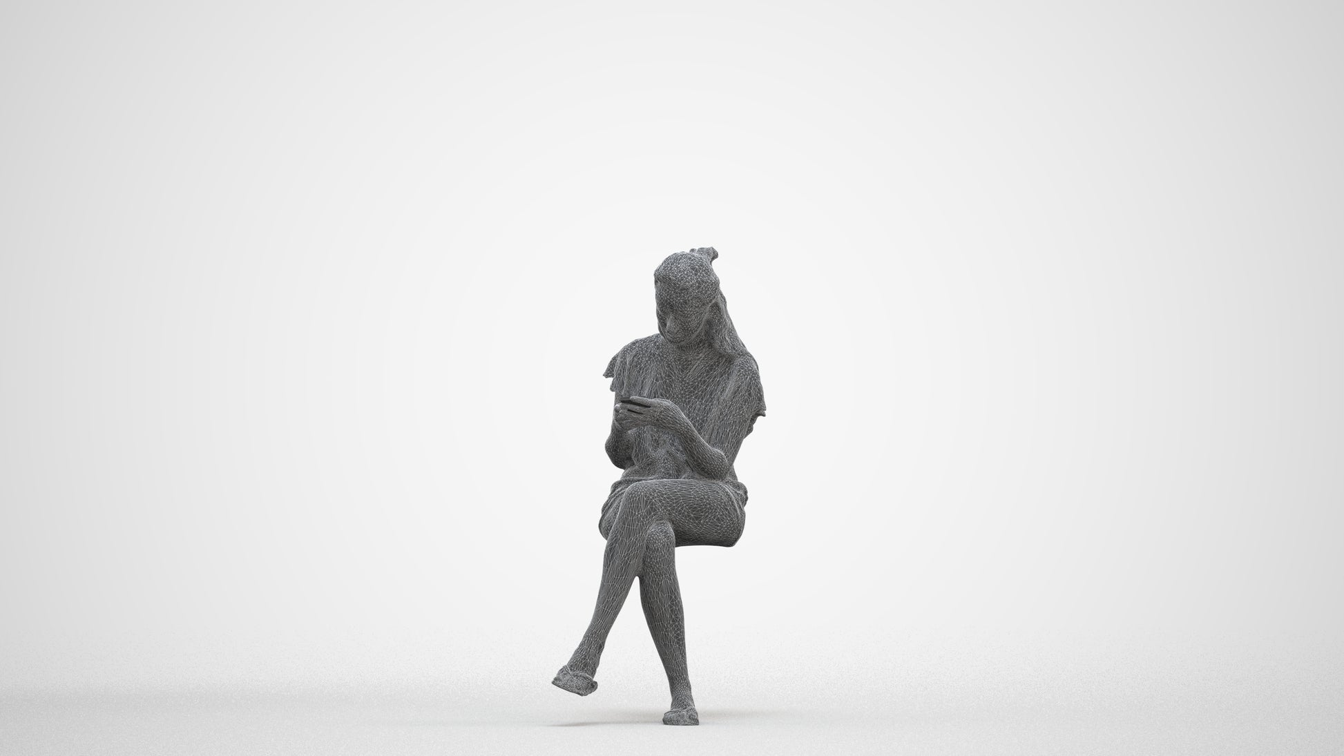 3D human model woman casual sitting, photogrammetry scanned person for archviz, three-quarter front view render