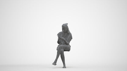 3D human model woman casual sitting, photogrammetry scanned person for archviz, three-quarter front view render