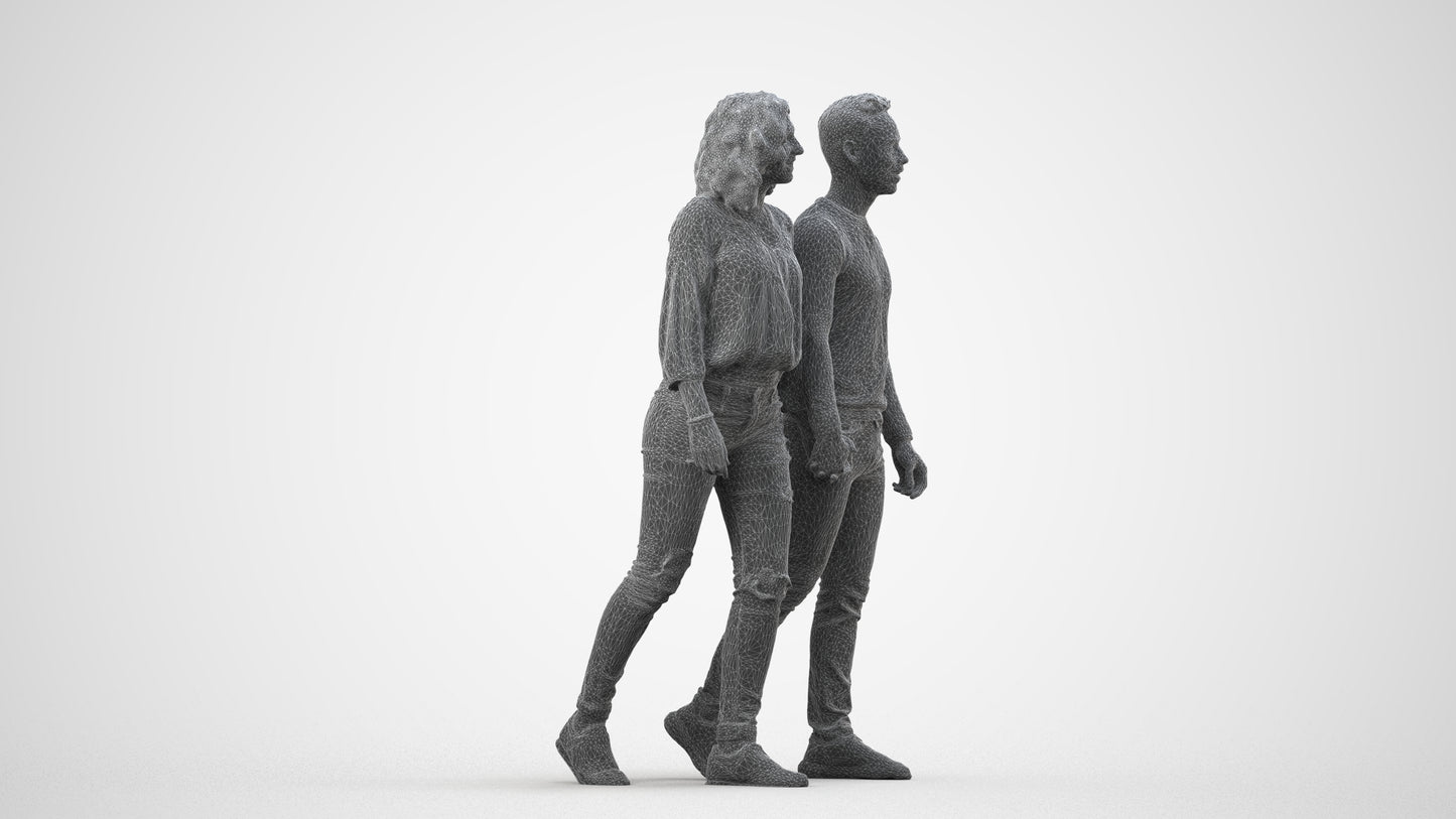realistic 3D woman casual couple, scanned archviz people for Blender and 3ds Max, wireframe side view