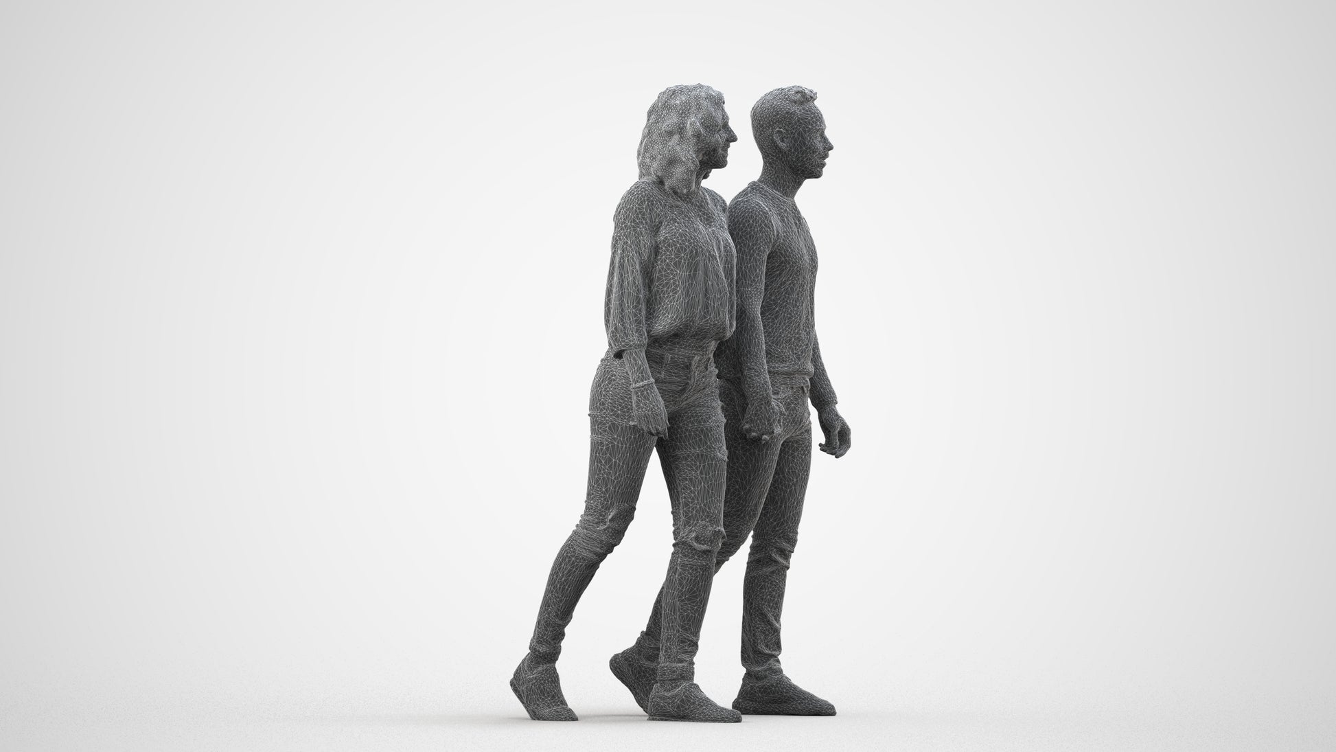 realistic 3D woman casual couple, scanned archviz people for Blender and 3ds Max, wireframe side view