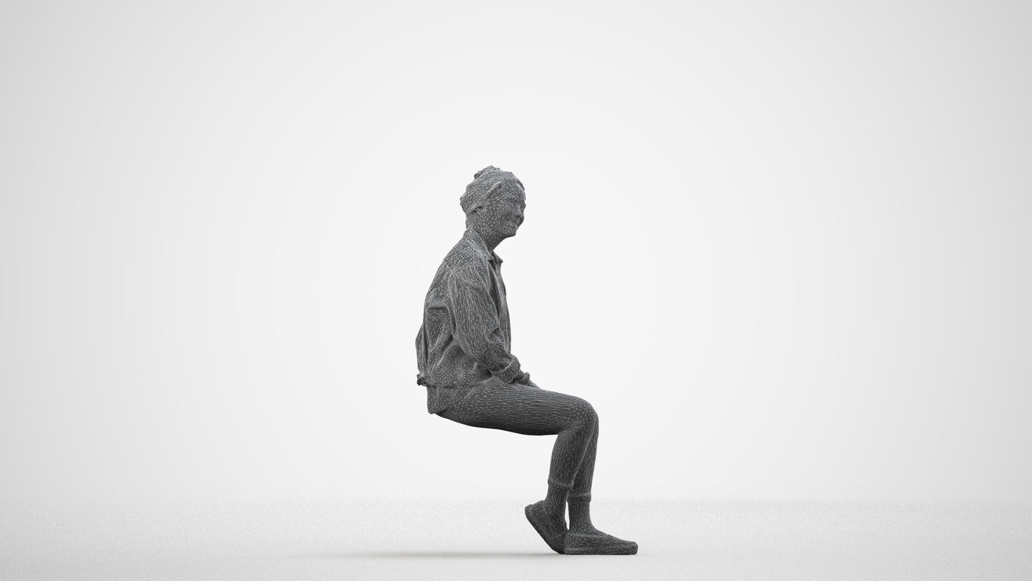 photogrammetry 3D woman casual sitting, realistic human model archviz FBX, wireframe side view