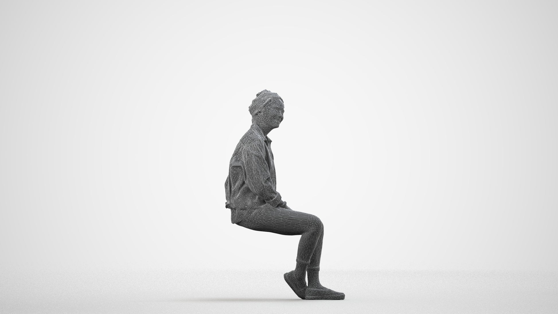 photogrammetry 3D woman casual sitting, realistic human model archviz FBX, wireframe side view