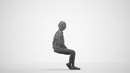 photogrammetry 3D woman casual sitting, realistic human model archviz FBX, wireframe side view