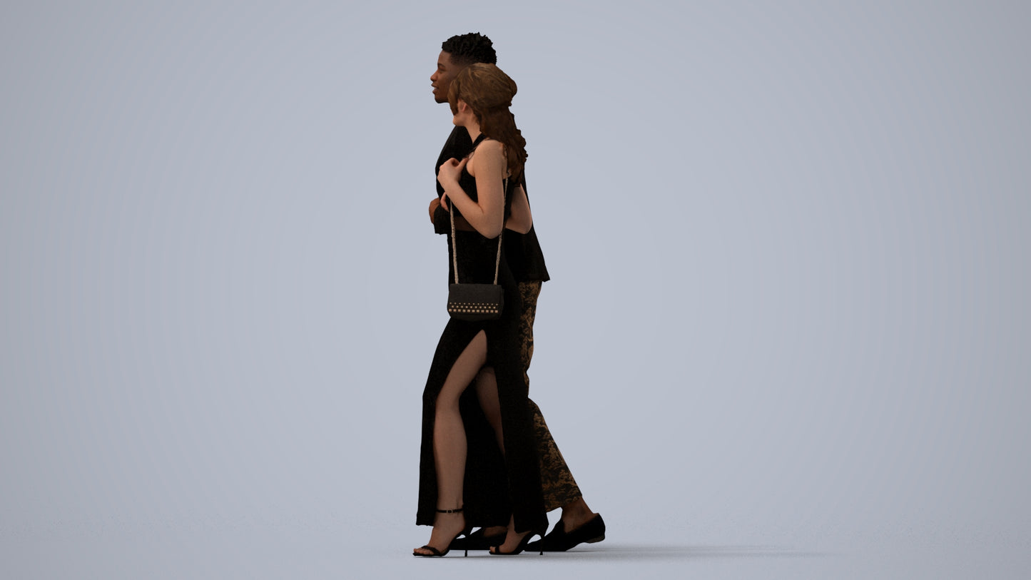 3D human model woman formal couple, photogrammetry scanned person for archviz, three-quarter view render