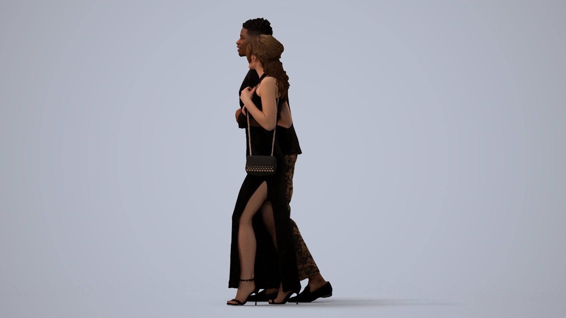3D human model woman formal couple, photogrammetry scanned person for archviz, three-quarter view render