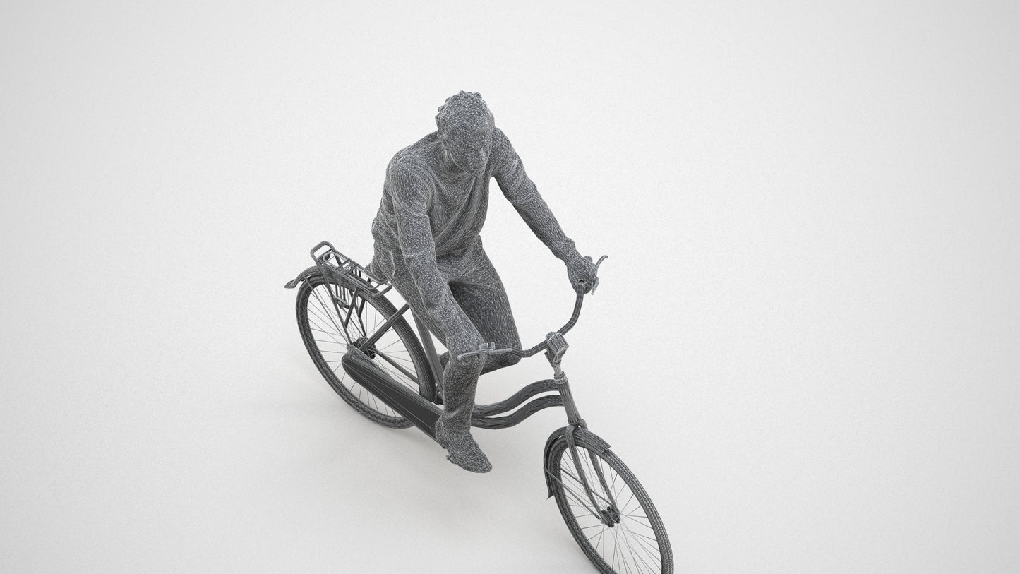 3D people model man casual cycling, scanned human for 3ds Max rendering, wireframe three-quarter view