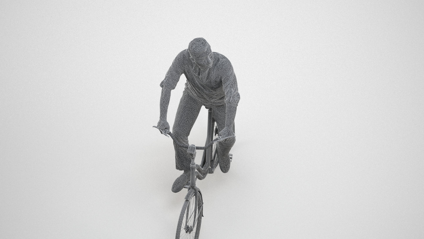 3D scanned man cycling casual, photorealistic archviz people for Enscape and SketchUp, wireframe three-quarter view