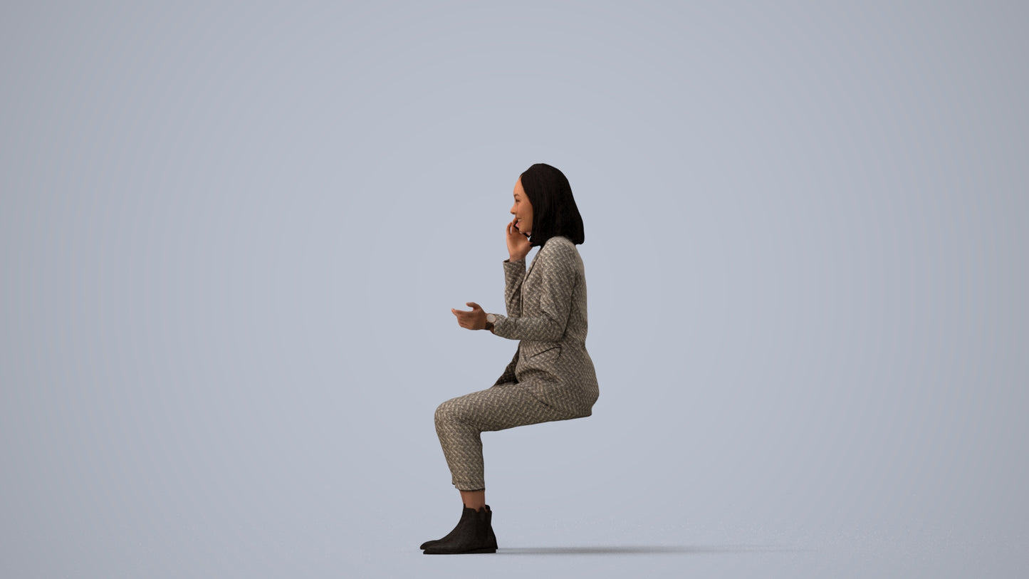 3D human model woman business, photogrammetry scanned person for archviz, three-quarter view render