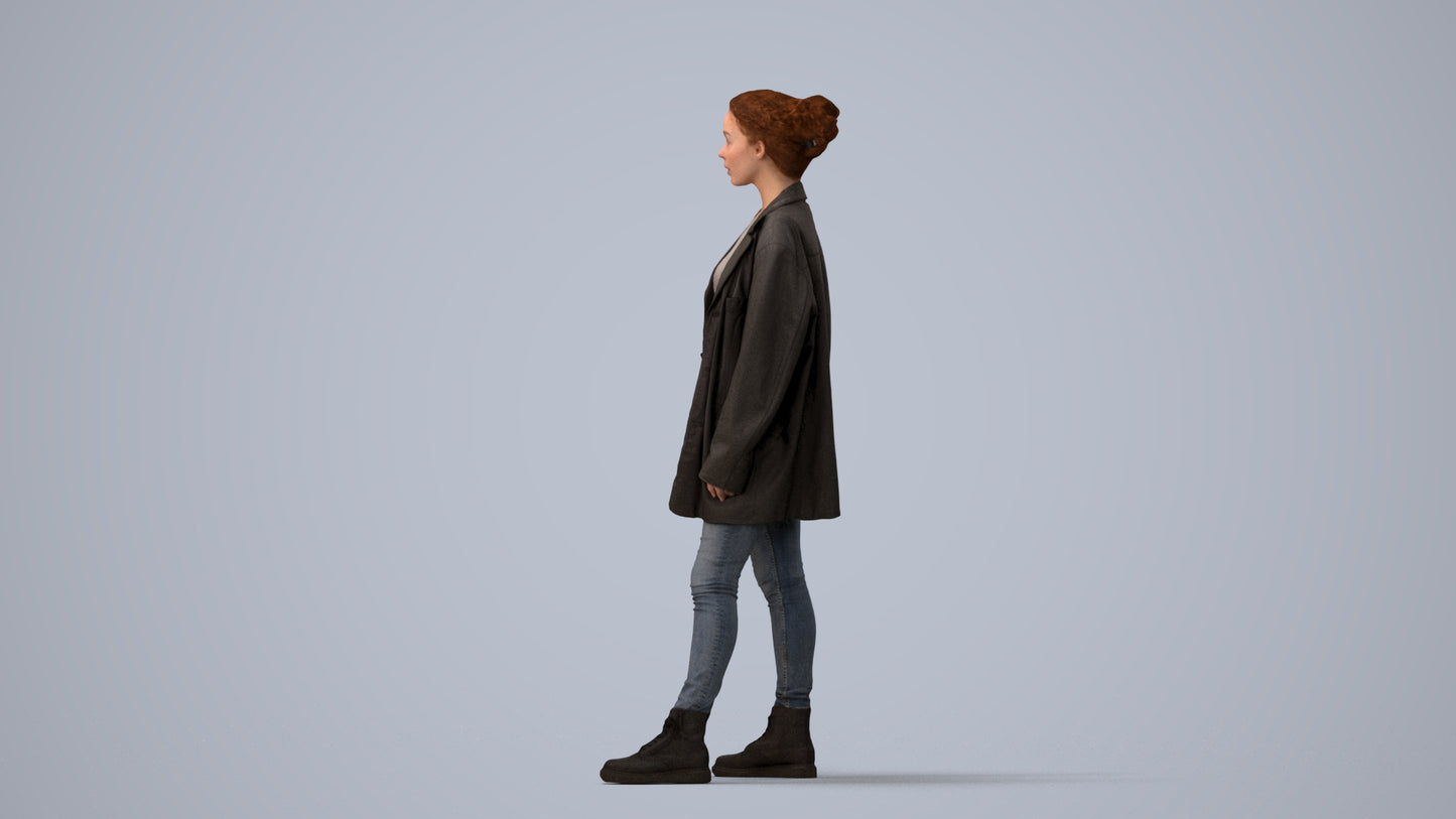 3D human model woman casual mix, photogrammetry scanned person for archviz, three-quarter view render