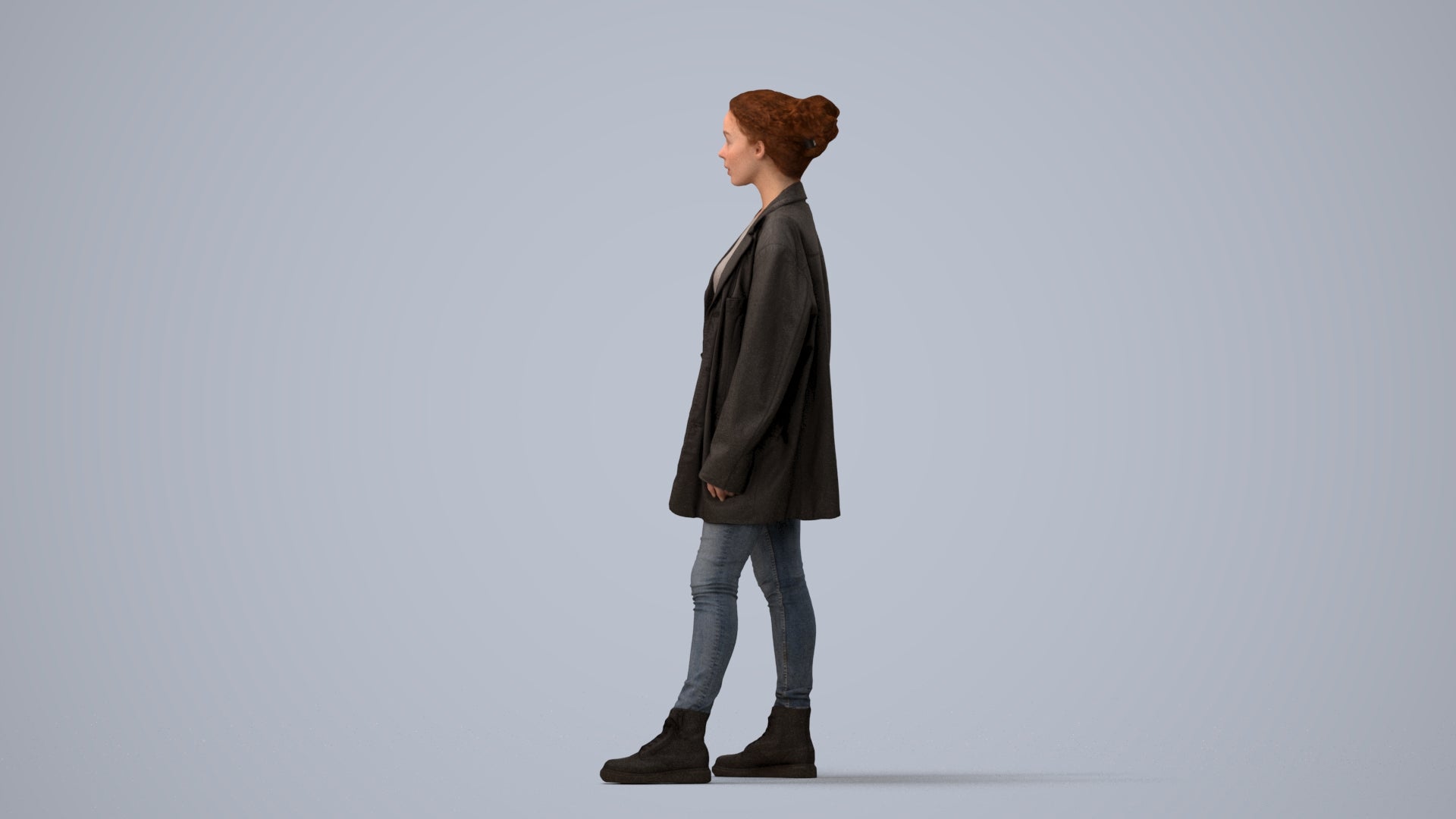 3D human model woman casual mix, photogrammetry scanned person for archviz, three-quarter view render