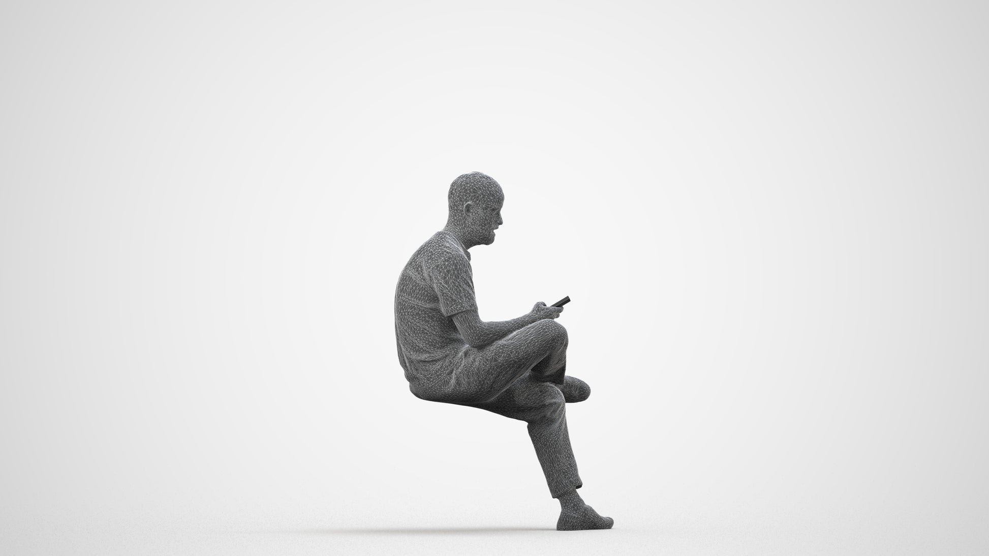 photogrammetry 3D man casual sitting, realistic human model archviz FBX, wireframe side view