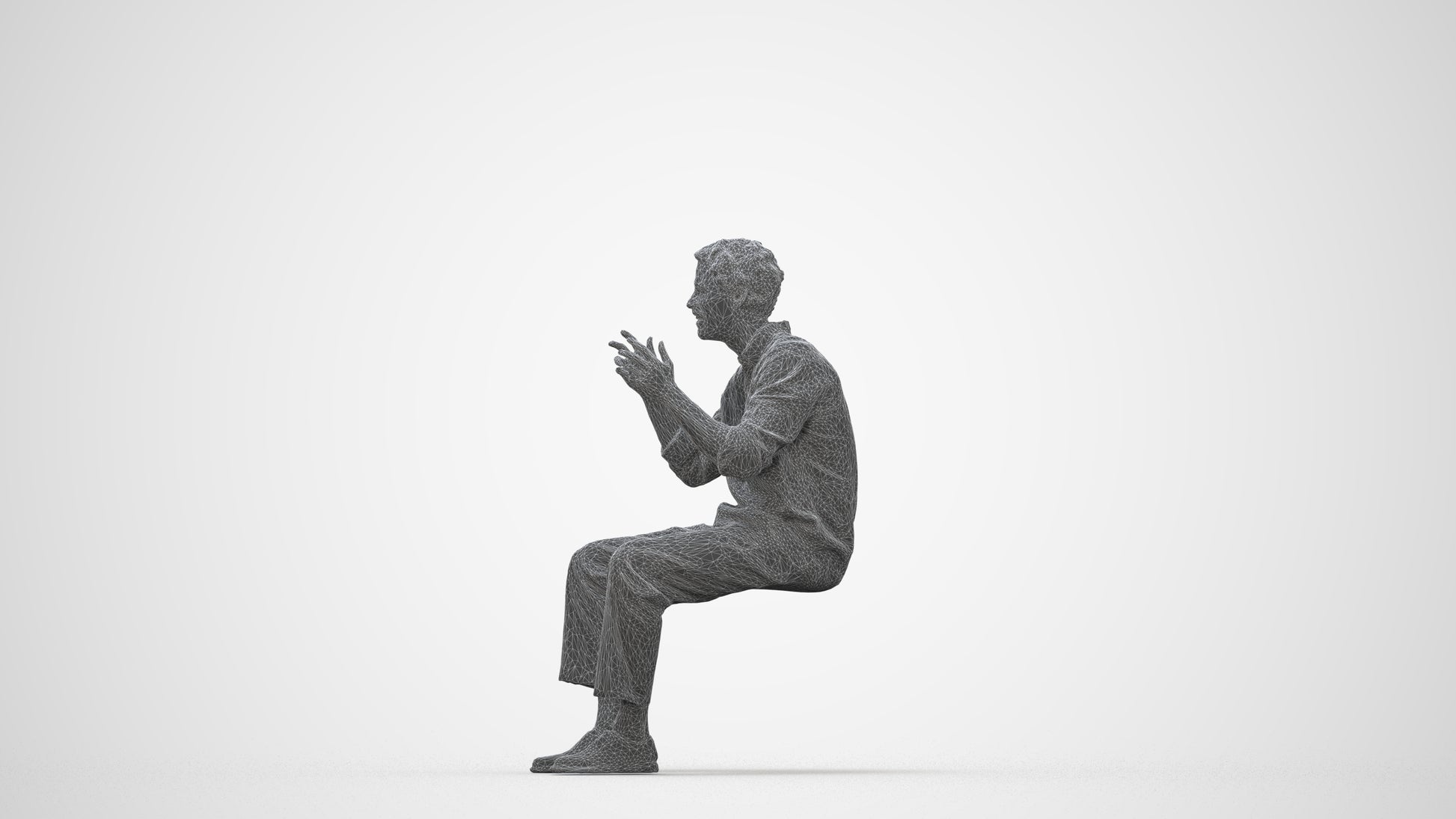 3D scanned man sitting casual, photorealistic archviz people for Enscape and SketchUp, wireframe back view