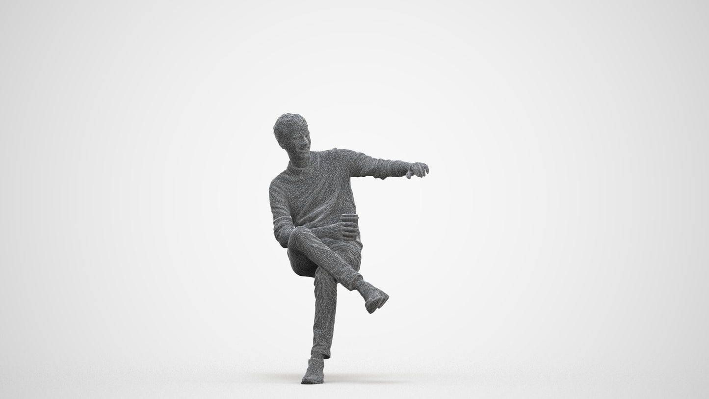 scanned 3D man casual sitting, photogrammetry people for Enscape and V-Ray, three-quarter front view render