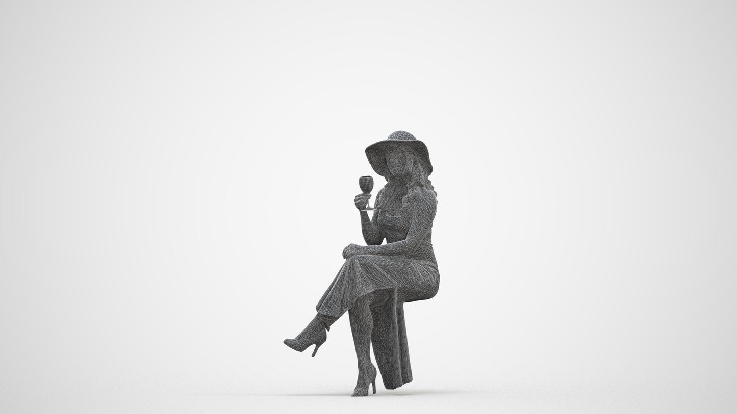 3D human model woman casual sitting, photogrammetry scanned person for archviz, three-quarter front view render