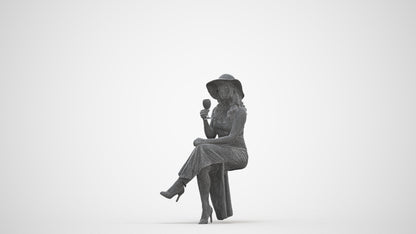 3D human model woman casual sitting, photogrammetry scanned person for archviz, three-quarter front view render