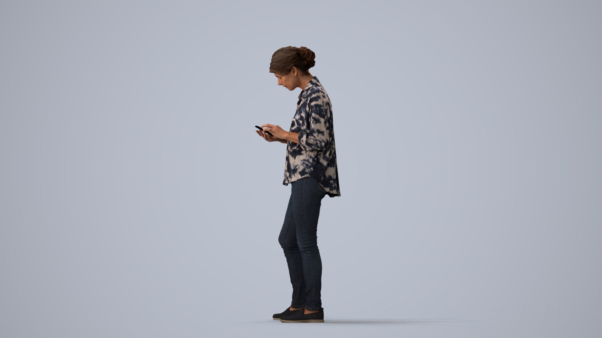 realistic 3D people woman casual standing, render-ready for V-Ray and Corona, FBX OBJ, three-quarter view render