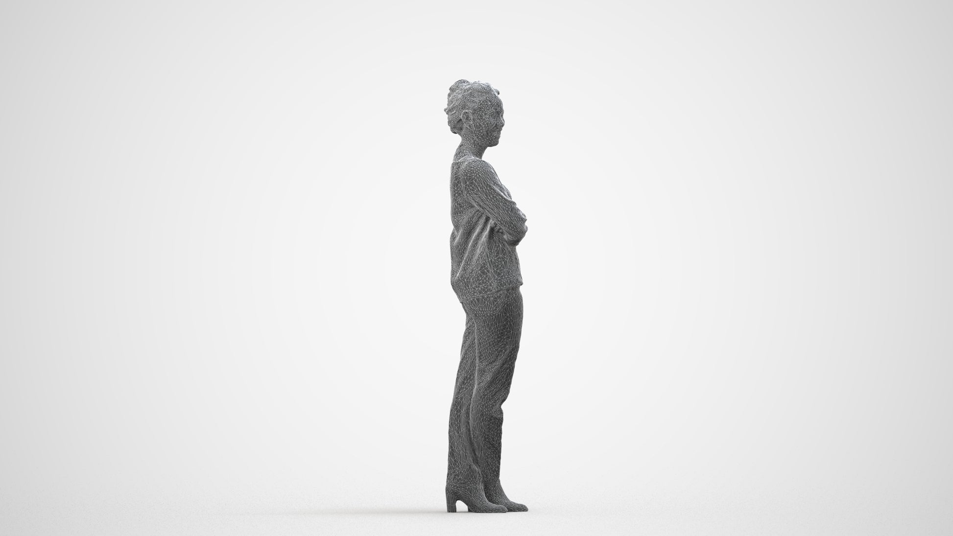3D people model woman casual standing, scanned human for 3ds Max rendering, wireframe side view