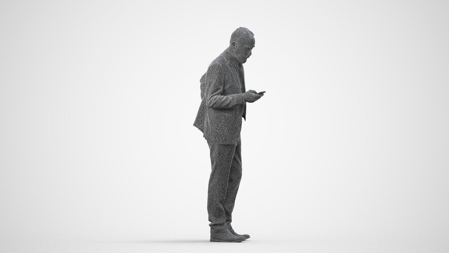 realistic 3D senior man business, scanned archviz people for Blender and 3ds Max, wireframe side view