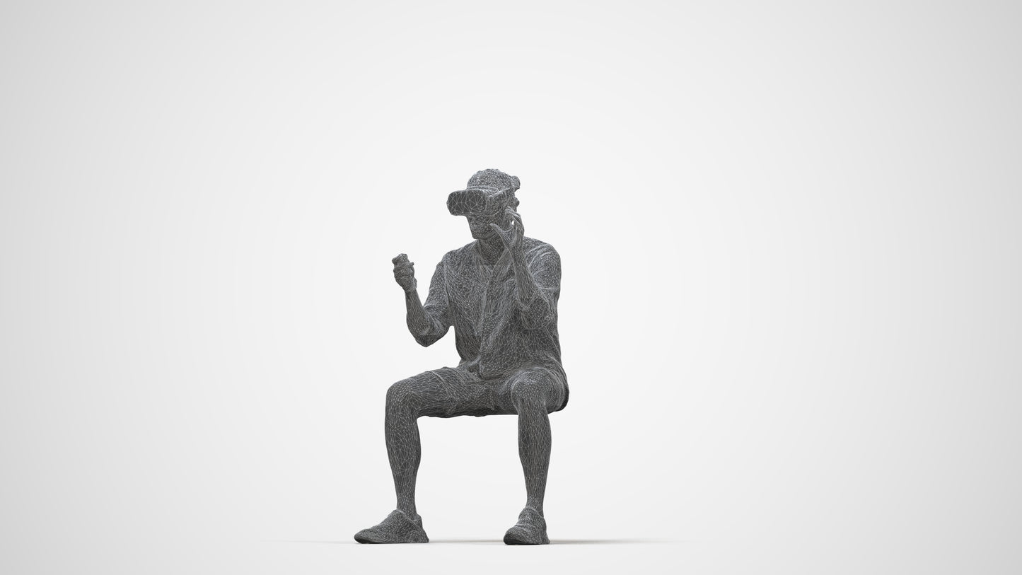 3D scanned man sitting casual, photorealistic archviz people for Enscape and SketchUp, wireframe back view